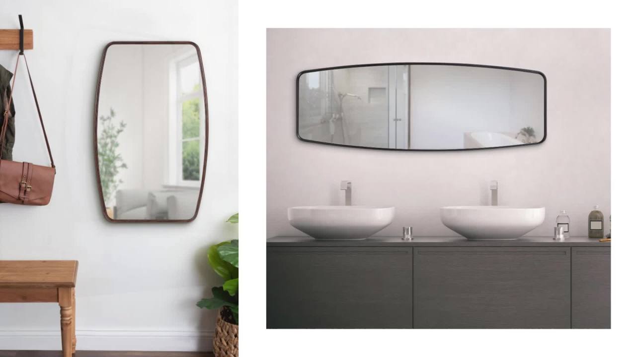 thumbnail video image 2 of Kate and Laurel Caskill Modern Barrel Mirror, 18 x 48, Dark Bronze, Round Rectangle Barrel Full Length Mirror for Wall, 2 of 8