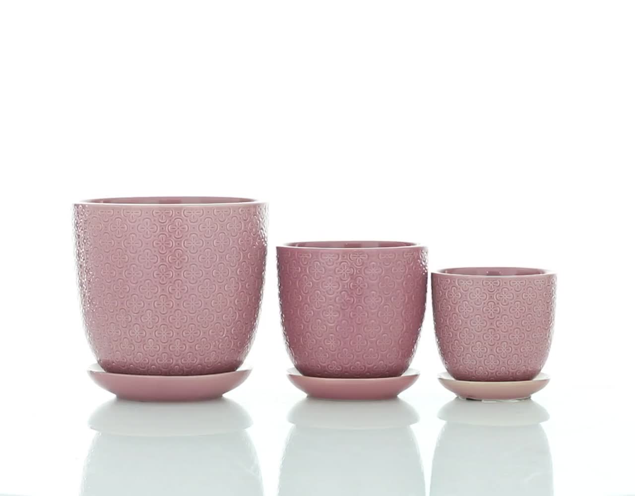 thumbnail video image 2 of DecMode 8", 6", 5"H Indoor Outdoor Pink Porcelain Planter with Attached Saucer (3 Count), 2 of 10