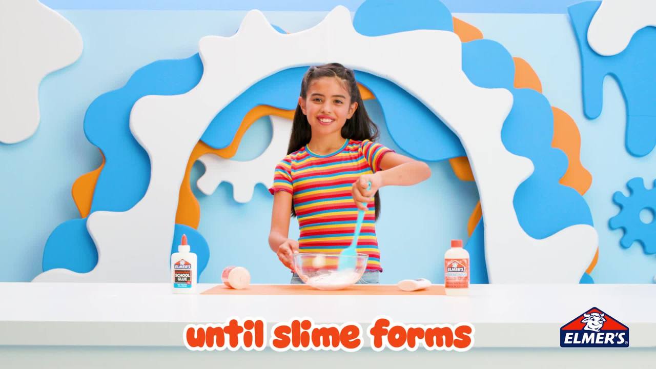 thumbnail video image 2 of Elmer’s Neon Sky Slime Kit with Cherry Limeade Scent, Transparent Liquid Glue, Crunchy Slime Activator, 4 Count, 2 of 8