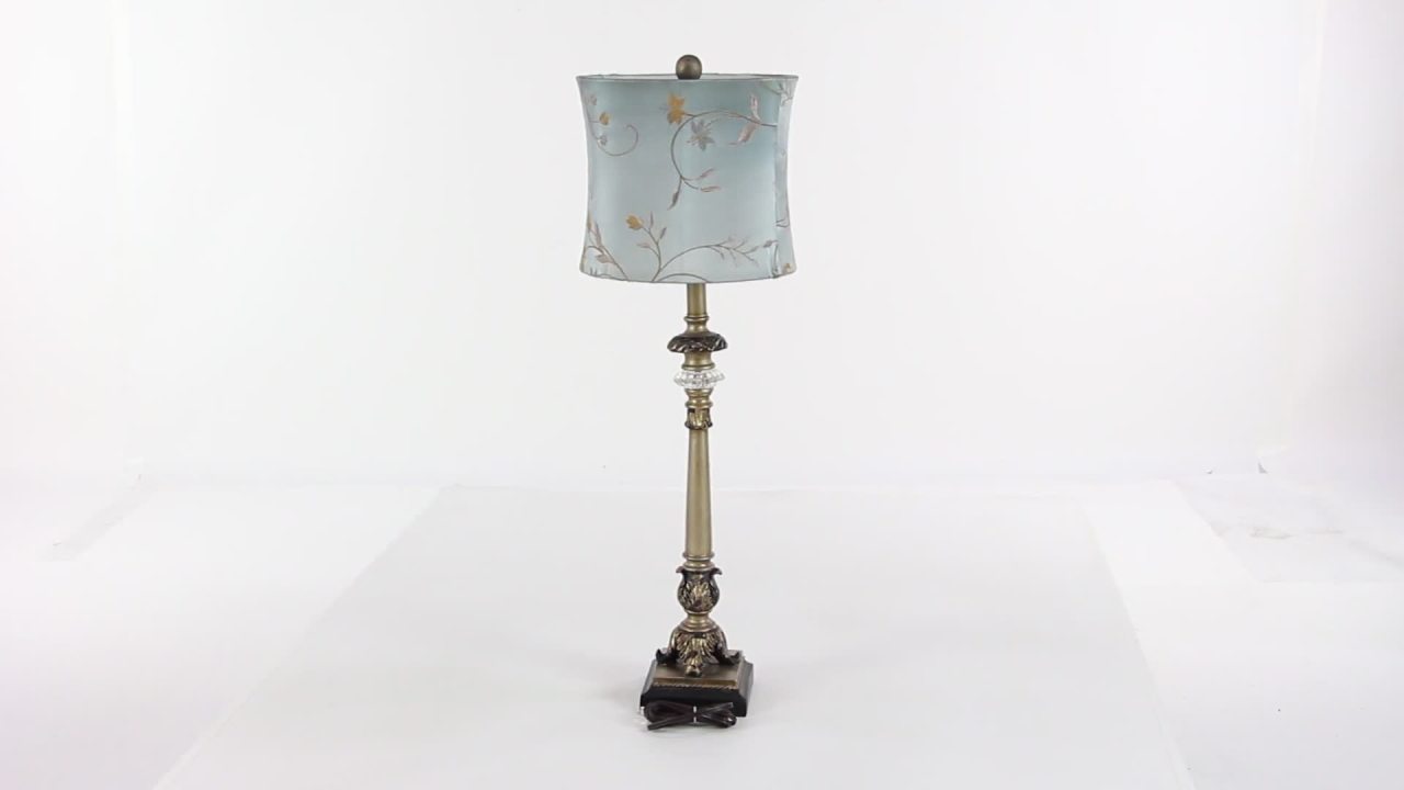 thumbnail video image 2 of DecMode Antique Style Floral Gold Buffet Lamp with Blue Fabric Shade (2 Count), 2 of 10