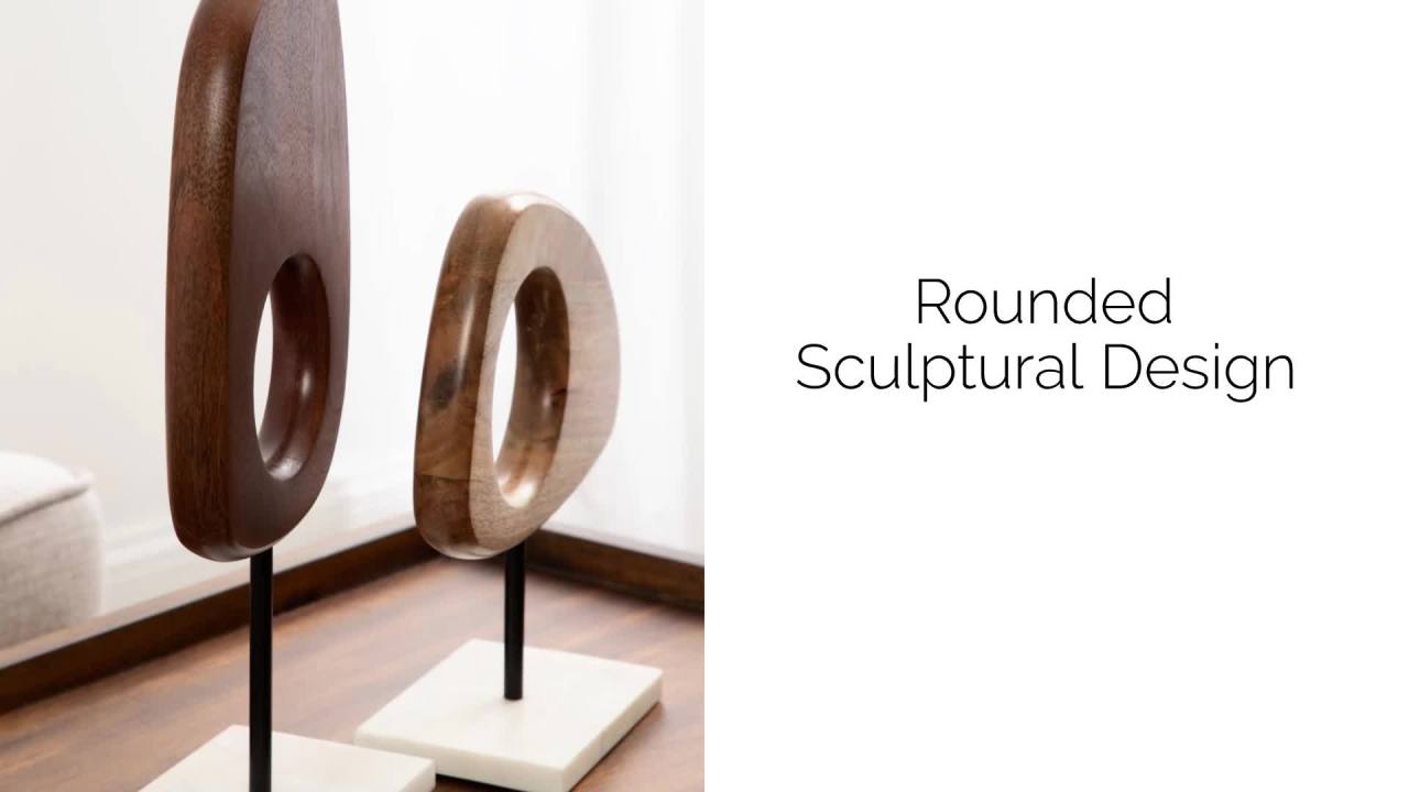 thumbnail video image 2 of Kate and Laurel Yoakes Wood and Marble Decorative Sculptures, 2 Piece Set, Natural and Walnut, Sculptural Wooden Decor Accents for Shelf Decor or Bedroom Design, 2 of 10