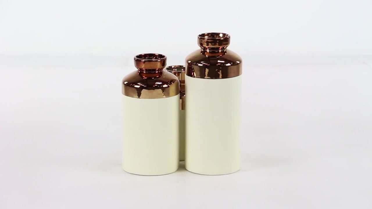 thumbnail video image 2 of CosmoLiving by Cosmopolitan 8", 10", 12"H White Ceramic Vase with Copper Like Tops, Set of 3, 2 of 10
