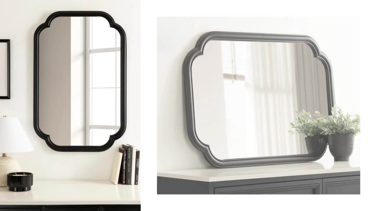 thumbnail video image 2 of Kate and Laurel Glenby Transitional Scalloped Wall Mirror, 24 x 36, Gold, Modern Wooden Rectangle Mirror with Scalloped Edges for Use as Bathroom Wall Accent or Living Room Mantel Decor, 2 of 9
