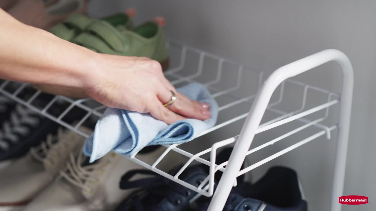 thumbnail video image 2 of Rubbermaid Freestanding 4-Tier Wire Shelf Shoe Rack and Organizer, White, 2 of 8