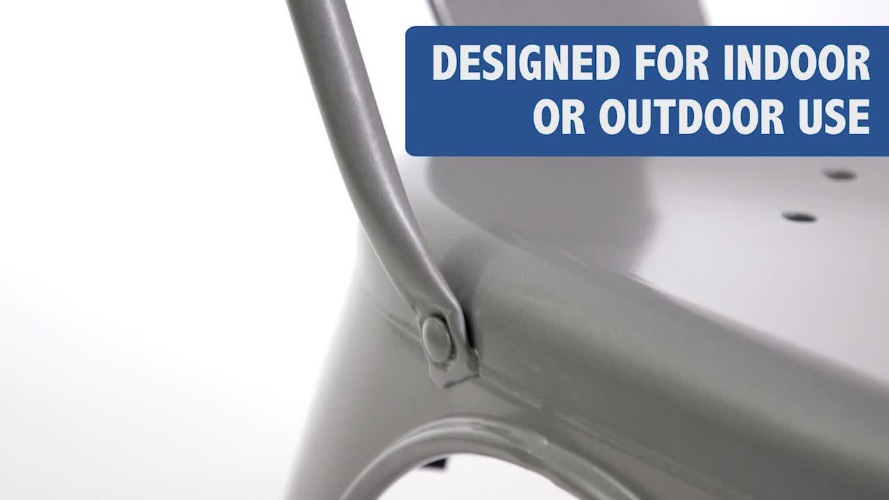 thumbnail video image 2 of Flash Furniture Perry Adult Commercial-Grade Metal Indoor/Outdoor Stackable Dining Chair, Silver, 2 of 13