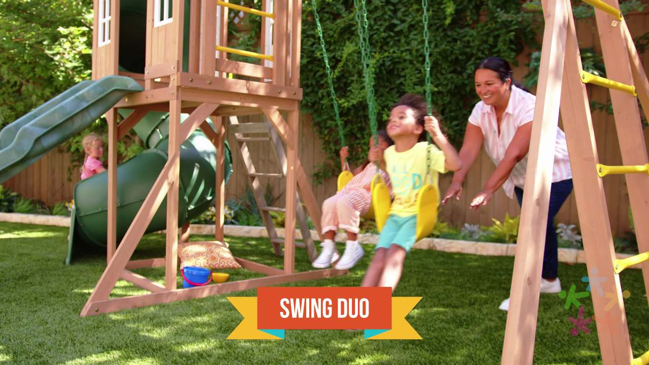 thumbnail video image 2 of KidKraft Skyway Resort Wooden Outdoor Swing Set, 2 of 9