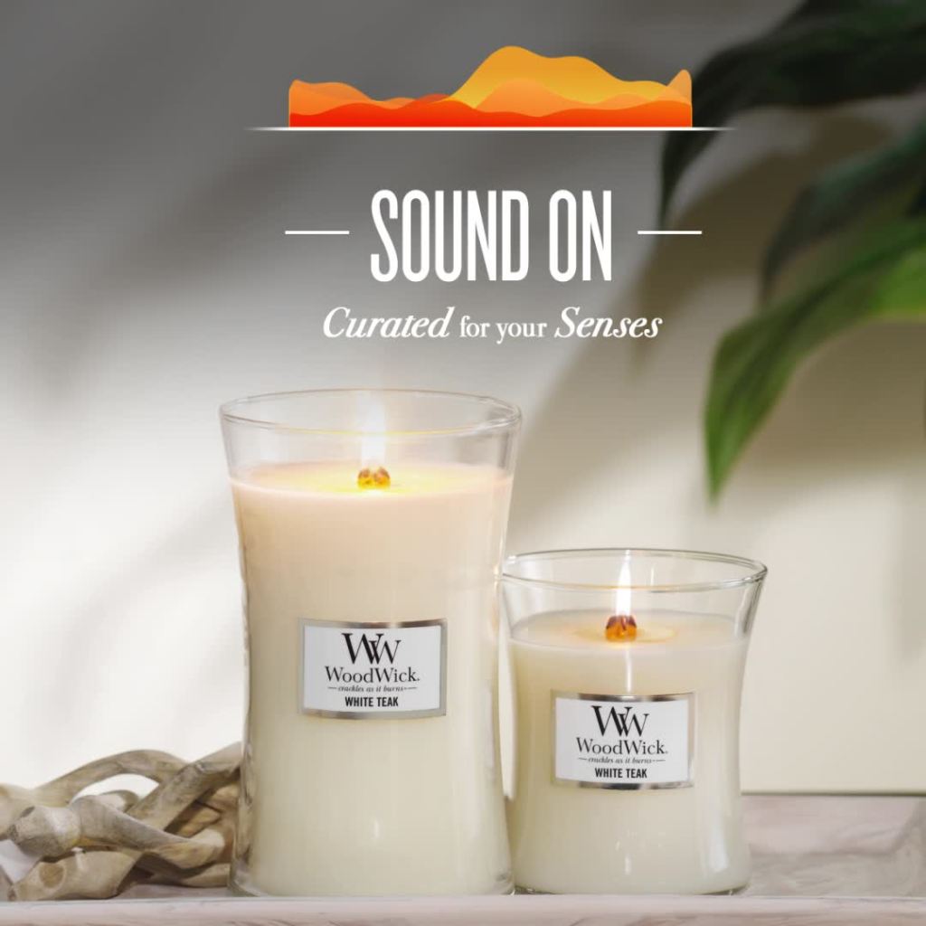 thumbnail video image 2 of WoodWick Medium Hourglass Scented Candle, White Teak, 9.7 oz, 2 of 7