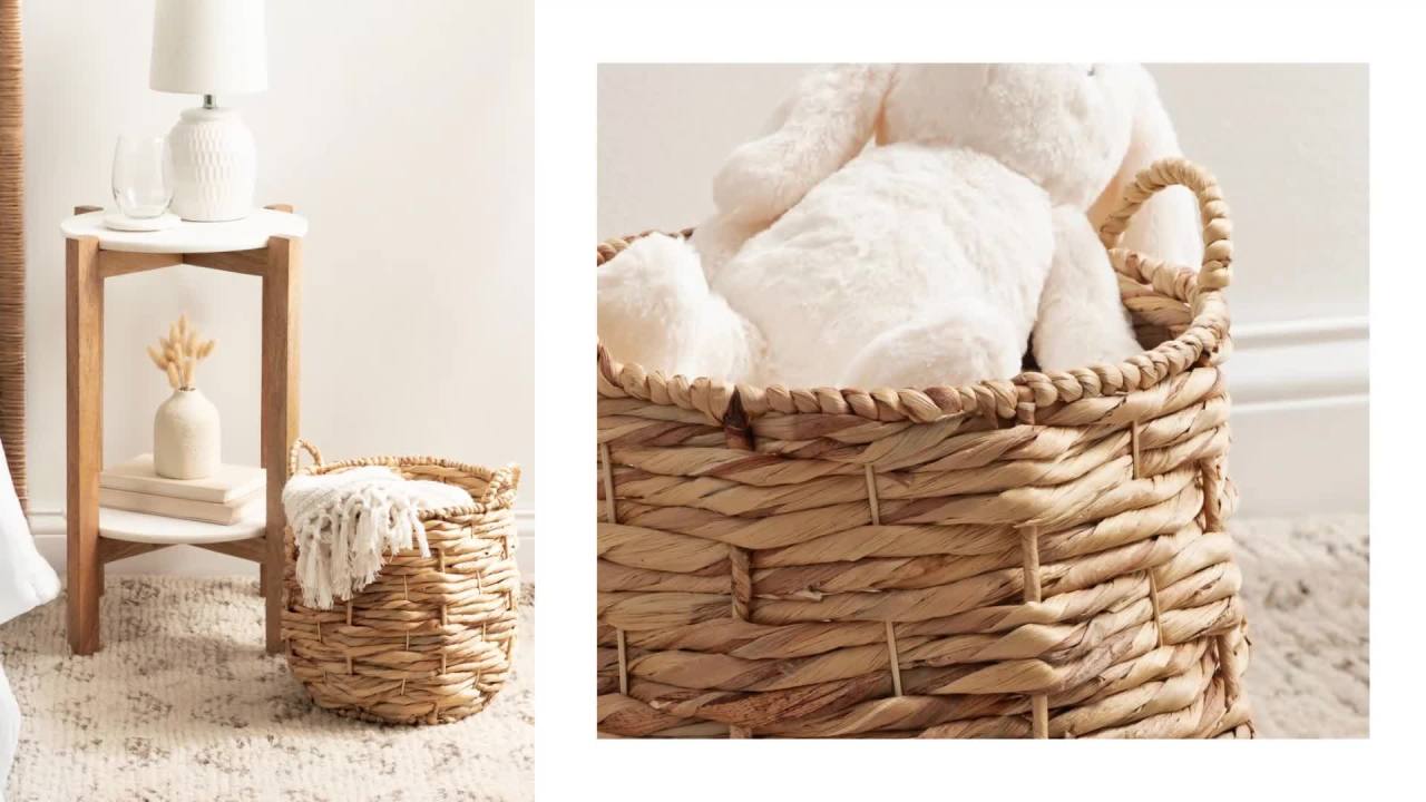 thumbnail video image 2 of Kate and Laurel Livia Modern Woven Storage Basket, 13 x 13, Natural Water Hyacinth, Boho Wicker Basket for Use as Nursery Storage, Mini Laundry Basket, or Living Room Blanket Basket, 2 of 9