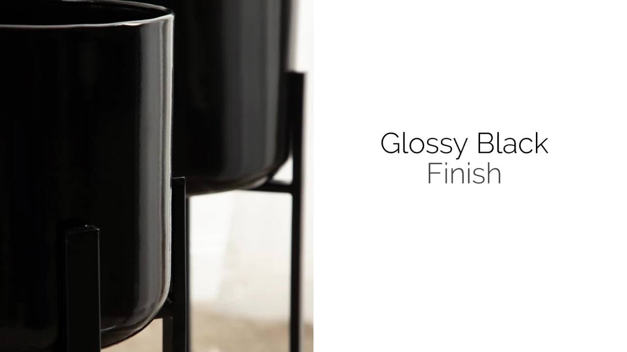 thumbnail video image 2 of Kate and Laurel Gabi Decorative Two-Piece Metal Planters, Set of 2, Black, Modern Metal Outdoor or Indoor Plant Stands for Use as Living Room Planters or Porch Plant Stands, 2 of 9