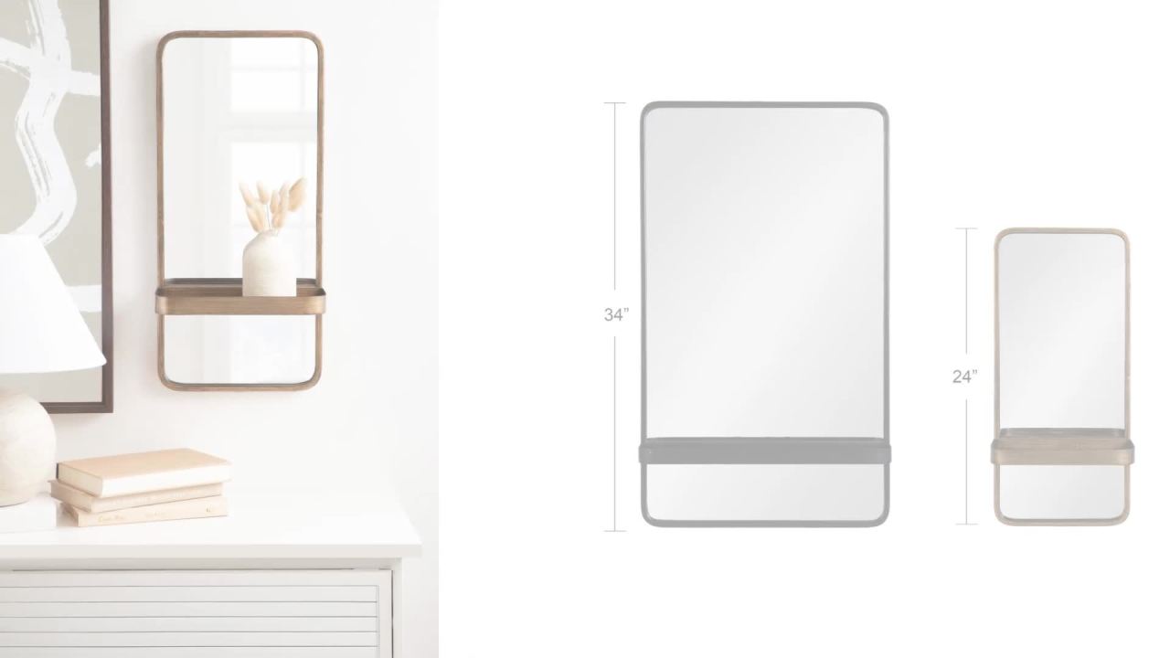 thumbnail video image 2 of Kate and Laurel Estero Modern Metal Rectangle Mirror with Rounded Shelf, 20 x 34, Gold, Decorative Contemporary Rounded Rectangle Shelf Mirror for Living Room or Bedroom Storage and Display, 2 of 10