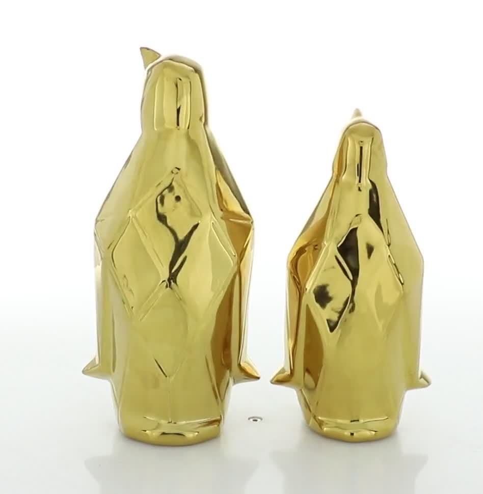 thumbnail video image 2 of 11", 9"H Gold Porcelain Penguin Sculpture, by DecMode (2 Count), 2 of 10