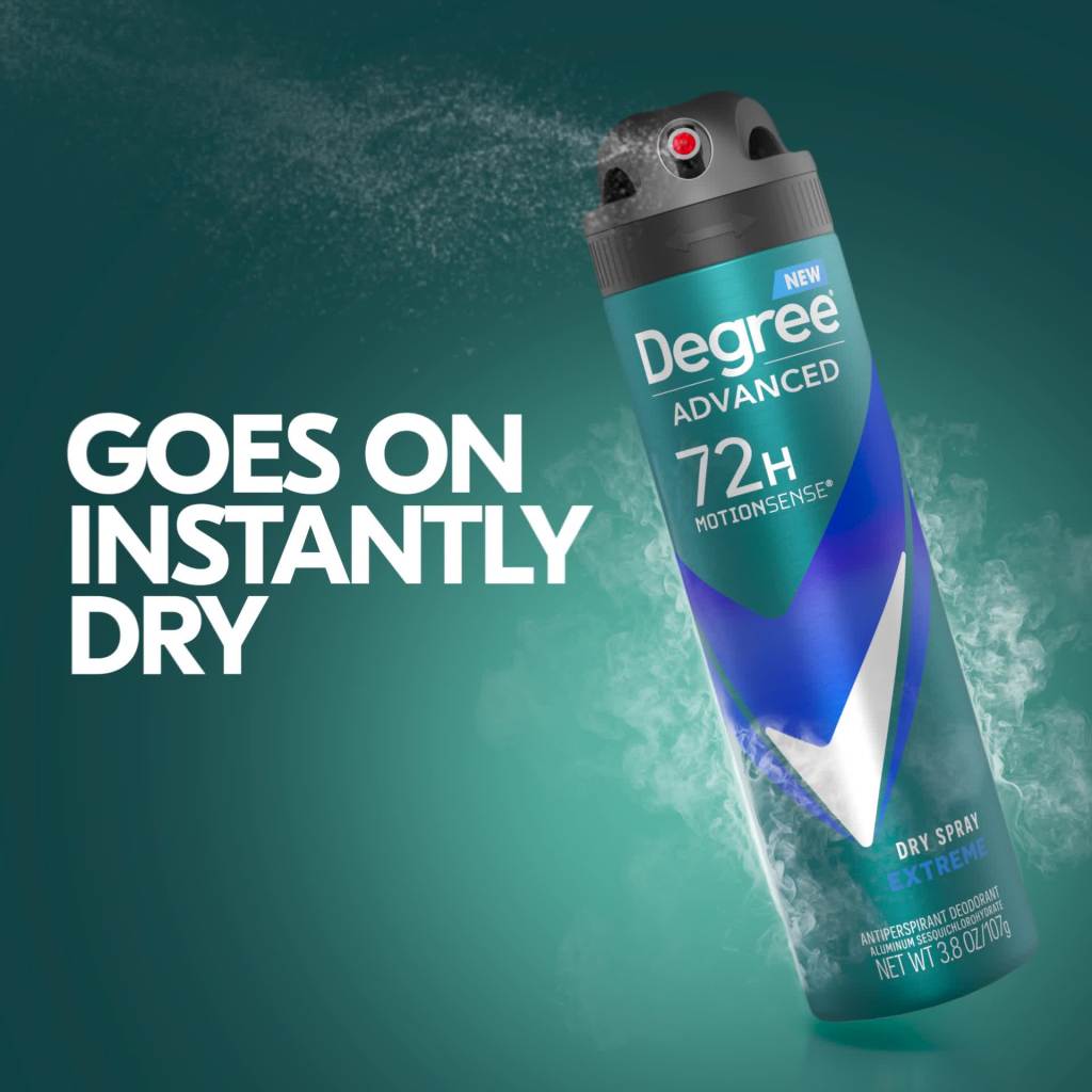 thumbnail video image 2 of Degree Advanced Long Lasting Antiperspirant Deodorant Dry Spray, Extreme, 3.8 oz, 2 of 12
