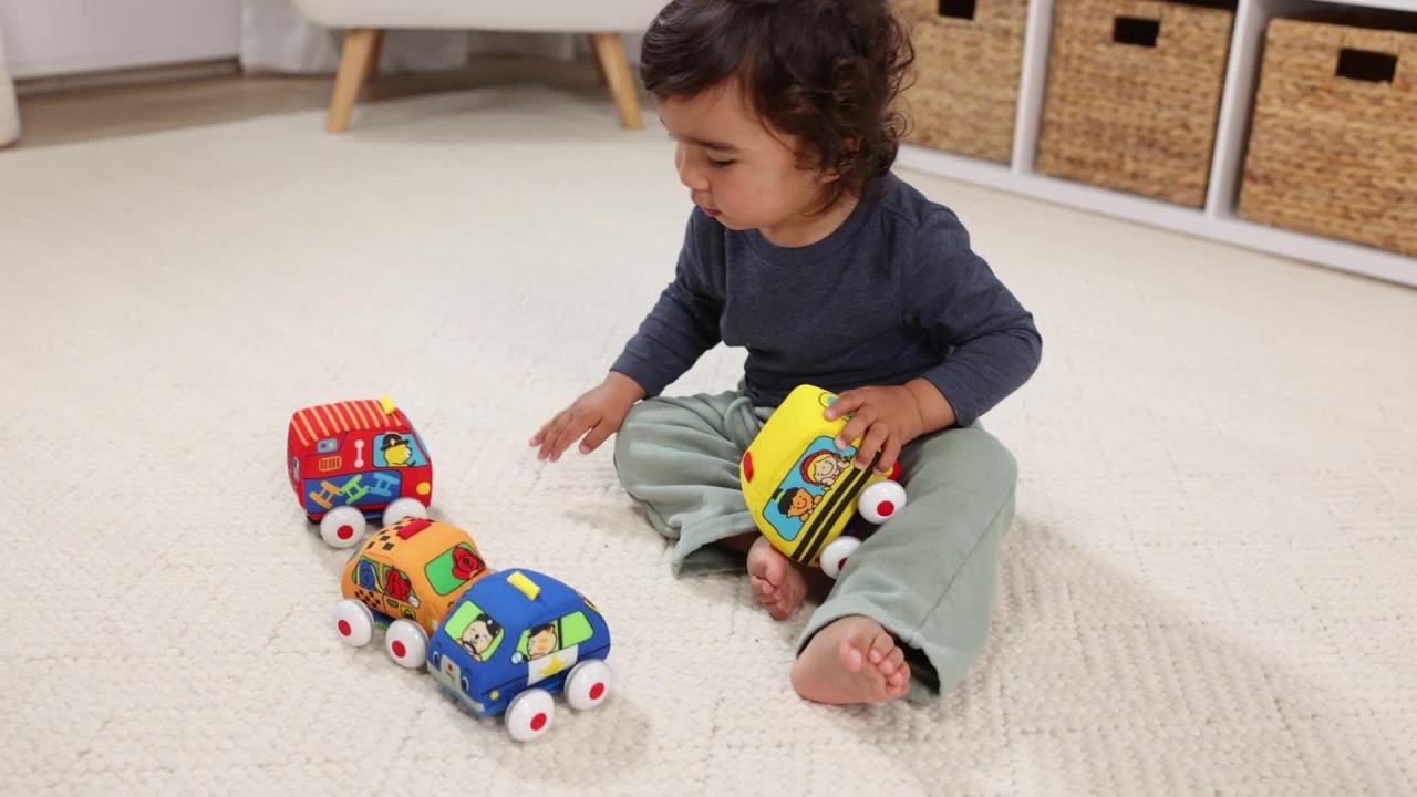 thumbnail video image 2 of Melissa & Doug Pull-Back Vehicle Set - Soft Baby Toy Set With 4 Cars and Trucks and Carrying Case, 2 of 10