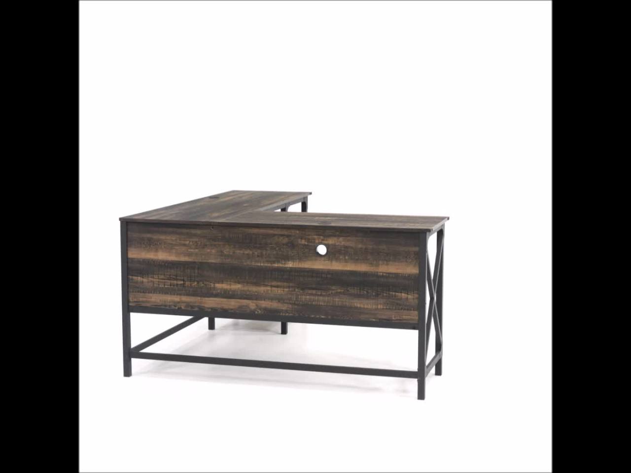 thumbnail video image 2 of Sauder Steel River L-Shaped Desk, Carbon Oak Finish, 2 of 14