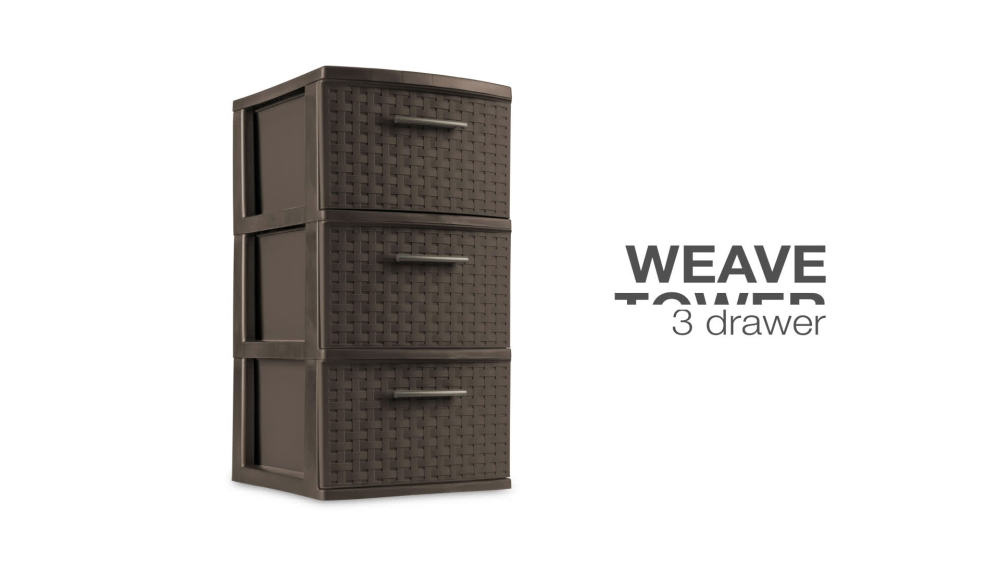 3-Drawer Weave Tower In Espresso Brown - Plastic Storage Organizer With Handles