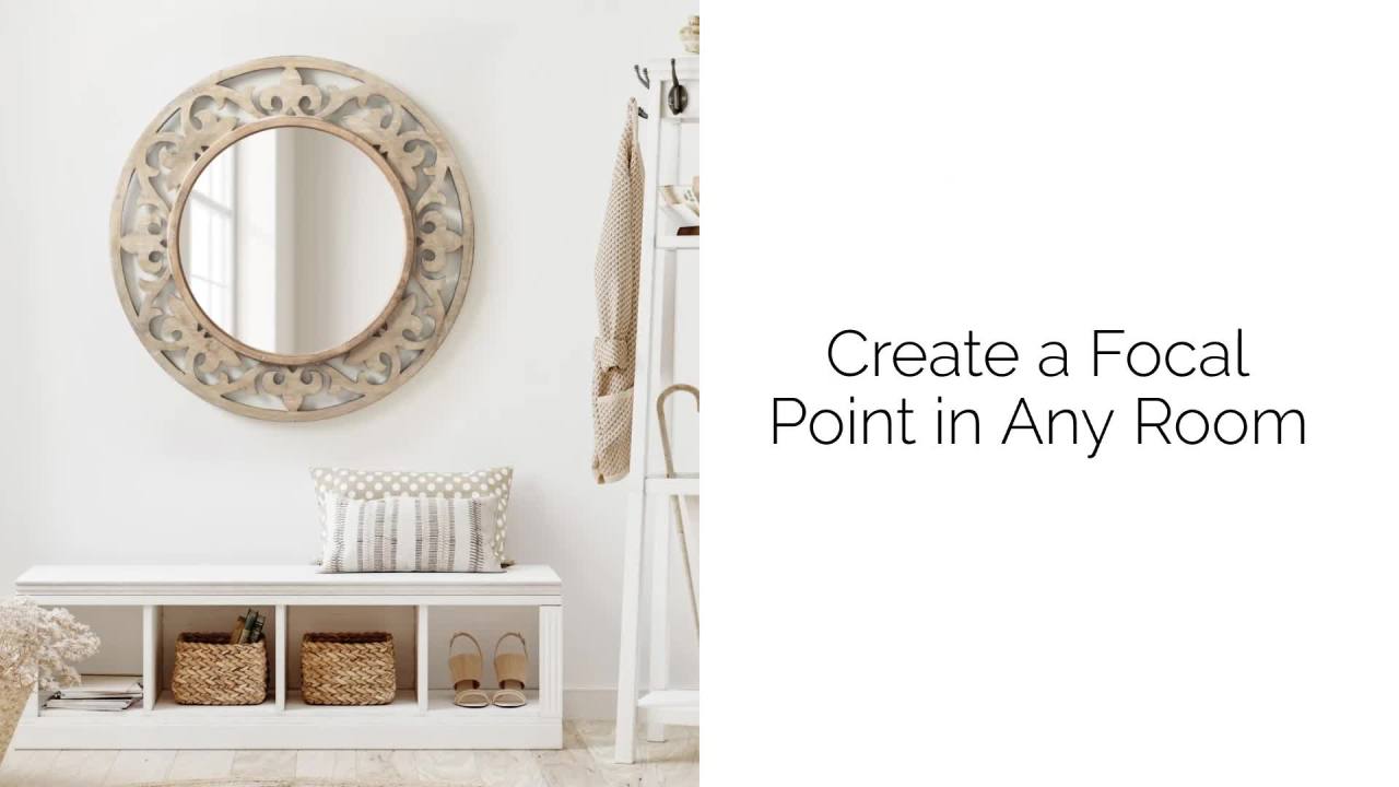 thumbnail video image 2 of Kate and Laurel Shovali Coastal Round Mirror, 31.5 Inch Diameter, White, Decadent Wall Decor with Ornate Wood-Carved Frame, 2 of 8