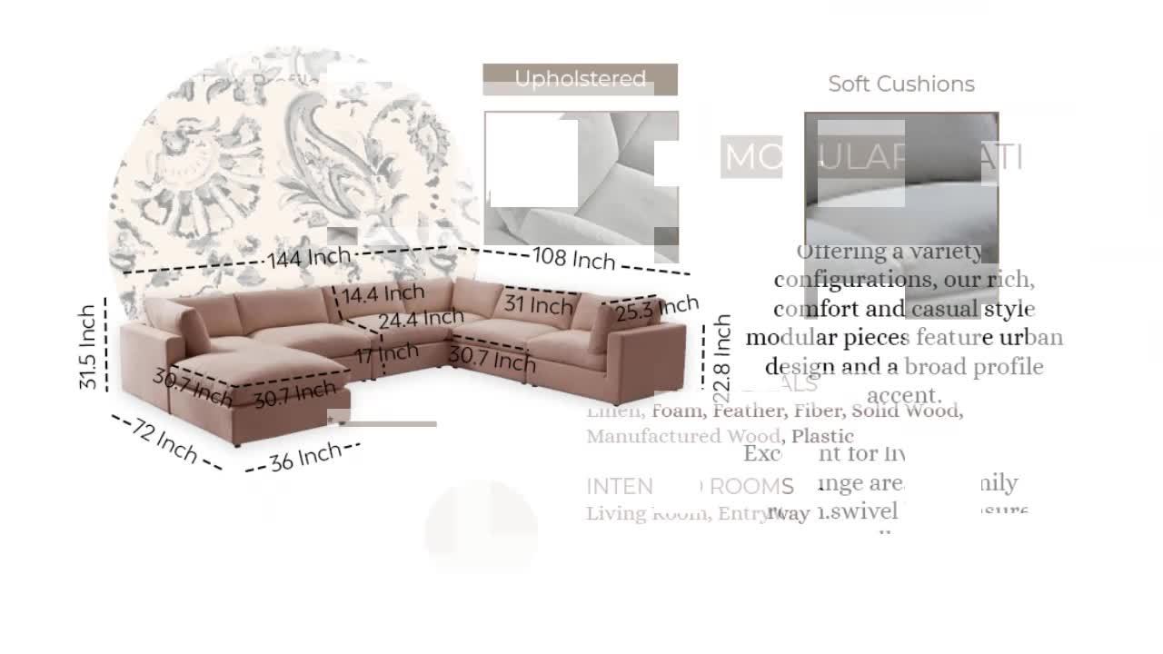 thumbnail video image 2 of Rustic Manor Saniyah Charcoal Linen Modular U-Sofa Chaise Sectional, 2 of 10