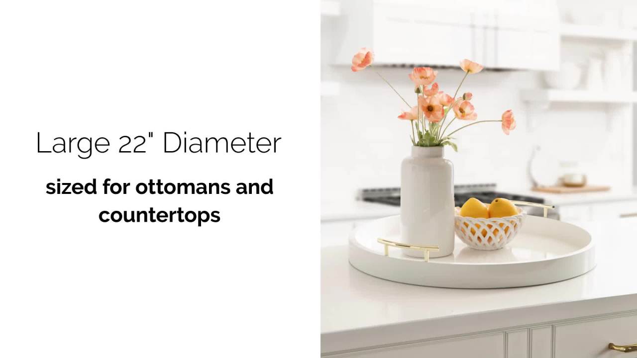 thumbnail video image 2 of Kate And Laurel Lipton Modern Round Ottoman Tray, 22 Inch Diameter, White and Gold, Decorative Circle Coffee Table Tray for Living Room Decor or Large Serving Tray, 2 of 9