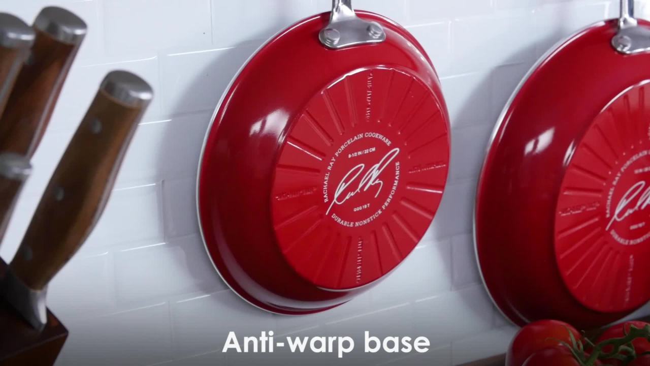 thumbnail video image 2 of Rachael Ray 15-Piece Get Cooking! Aluminum Nonstick Pots and Pans Set/Cookware Set, Red, 2 of 7