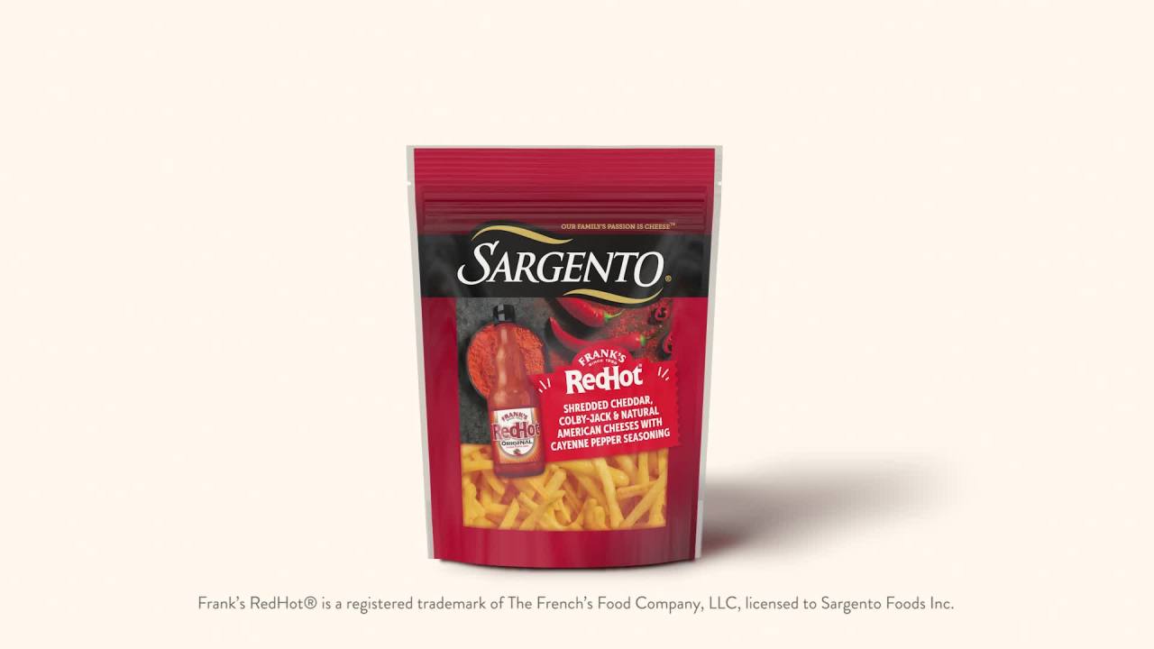 thumbnail video image 2 of Sargento Frank’s RedHot Natural Cheddar, Colby Jack, and American Shredded Cheese with Cayenne Pepper Seasoning, Traditional Cut, 7 oz, 2 of 10