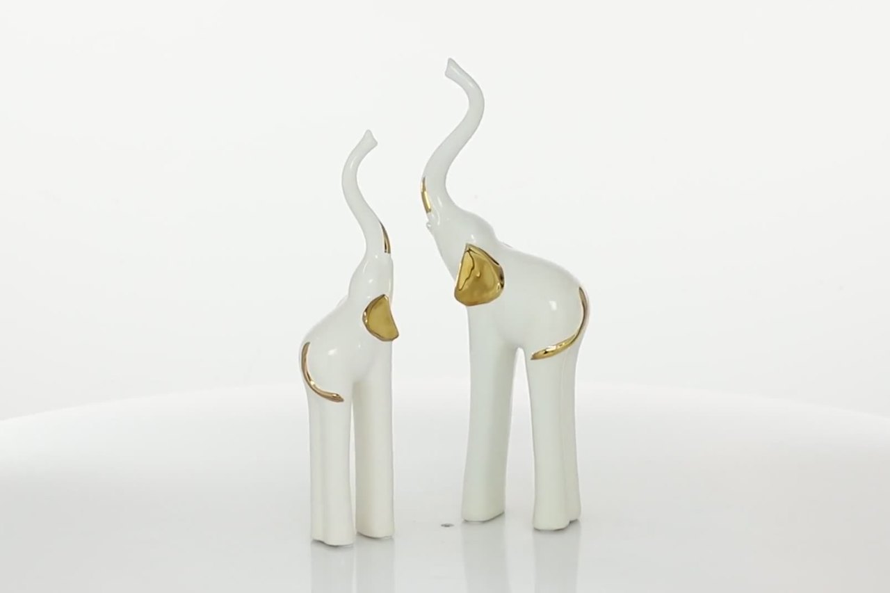 thumbnail video image 2 of 4"W, 14"H Gold Porcelain Ceramic Elephant Sculpture, by DecMode (2 Count), 2 of 10