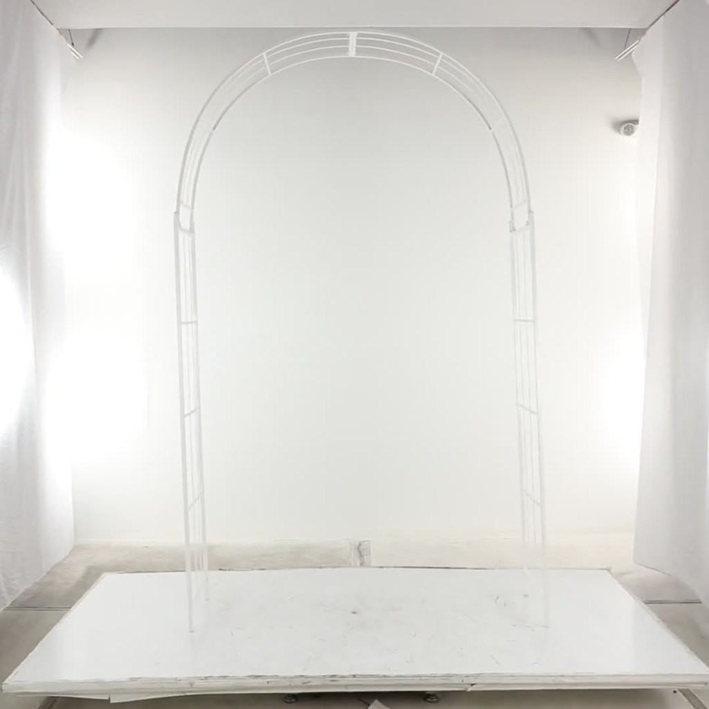 thumbnail video image 2 of DecMode 91" Indoor Outdoor Arched White Metal Garden Arbor with Lattice Work Sides, 2 of 11