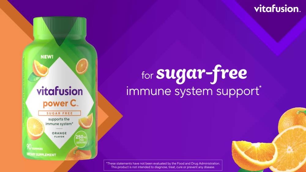 thumbnail video image 2 of vitafusion Sugar Free Power C Vitamin C Gummies, Daily Adult Vitamins for Immune System Support (1), Orange Flavor, 90 Count, 2 of 12