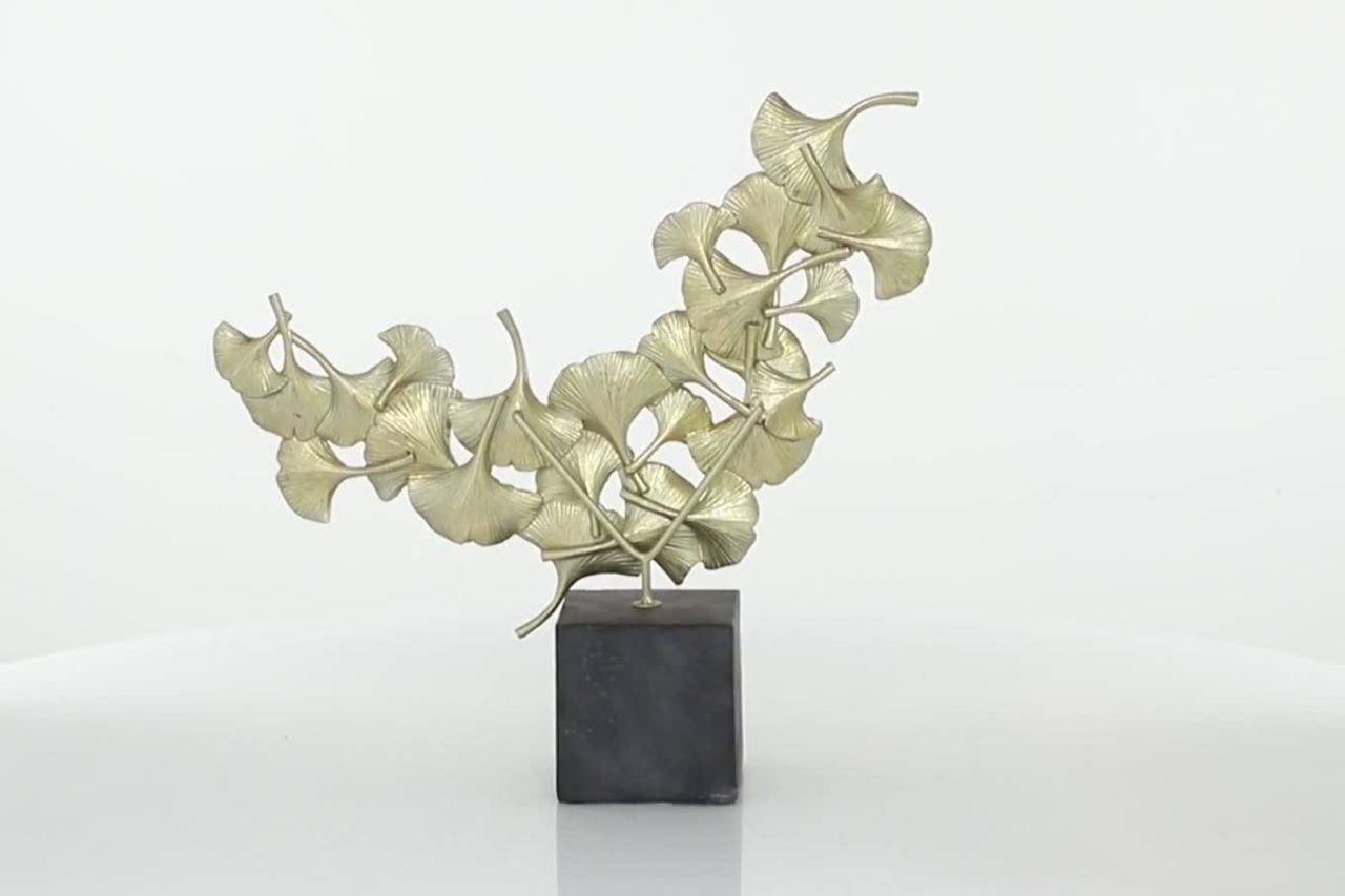 thumbnail video image 2 of 18" x 17" Gold Polystone Handmade Floral Sculpture with Black Block Base, by CosmoLiving by Cosmopolitan, 2 of 14