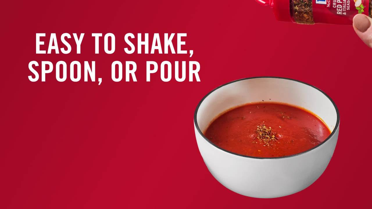 thumbnail video image 2 of McCormick Crushed Red Pepper & Italian Herb Seasoning, 2.64 oz Bottle, 2 of 23