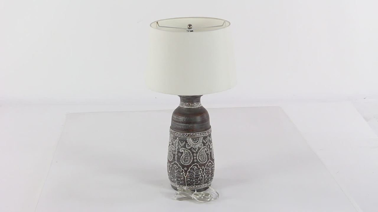 thumbnail video image 2 of DecMode 28" Carved Details Brown Table Lamp with White Fabric Shade, 2 of 11