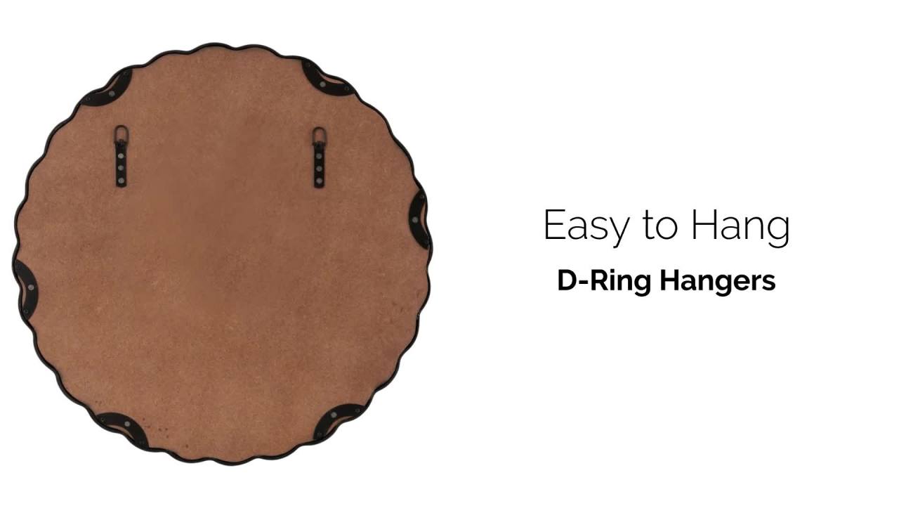 thumbnail video image 2 of Kate and Laurel Perlina Modern Scalloped Round Mirror, 26 Inch Diameter, Black, Decorative Cast Aluminum Circle Wavy Mirror with Unique Rippled Edge for Dorm Room Decor, 2 of 9