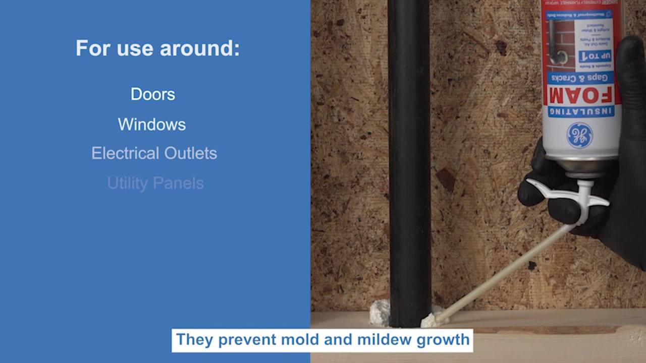 thumbnail video image 2 of (4 pack) GE Gaps & Cracks Insulating Foam, Pack of 1, Yellow 12 oz Can, 2 of 15