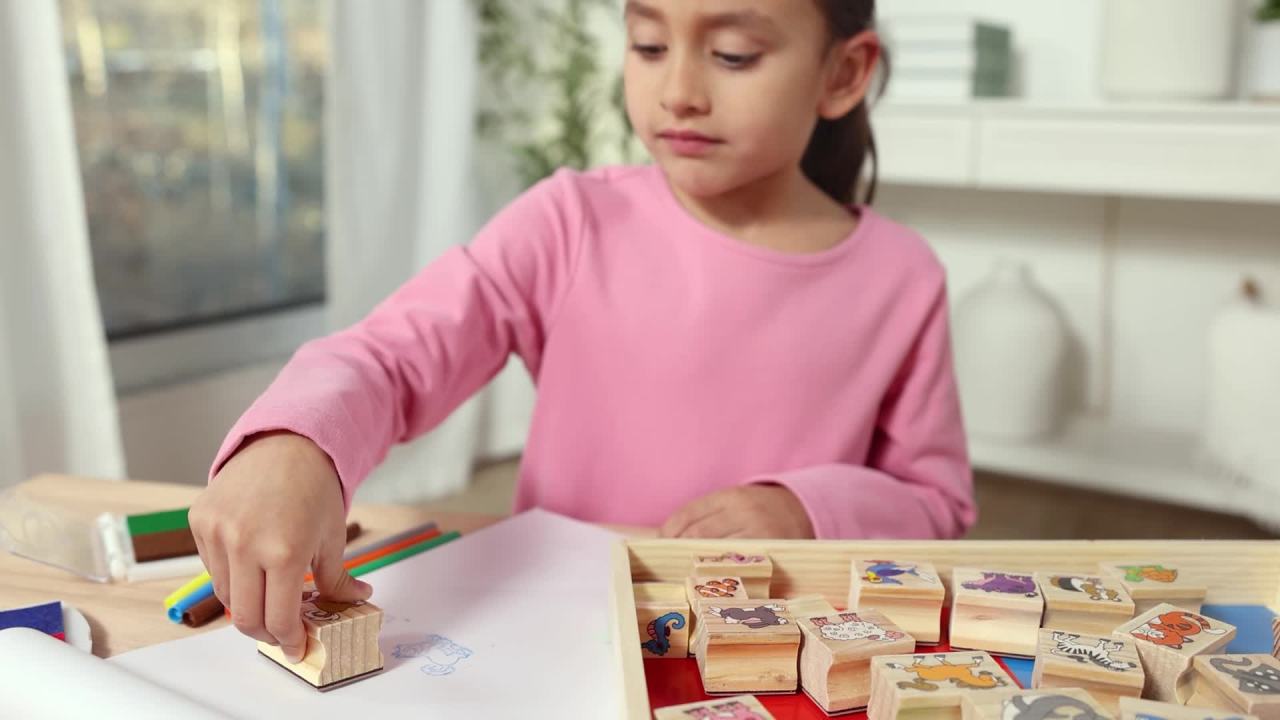 thumbnail video image 2 of Melissa & Doug Deluxe Wooden Stamp Set: Animals - 30 Stamps, 6 Markers, 2 Stamp Pads, 2 of 10