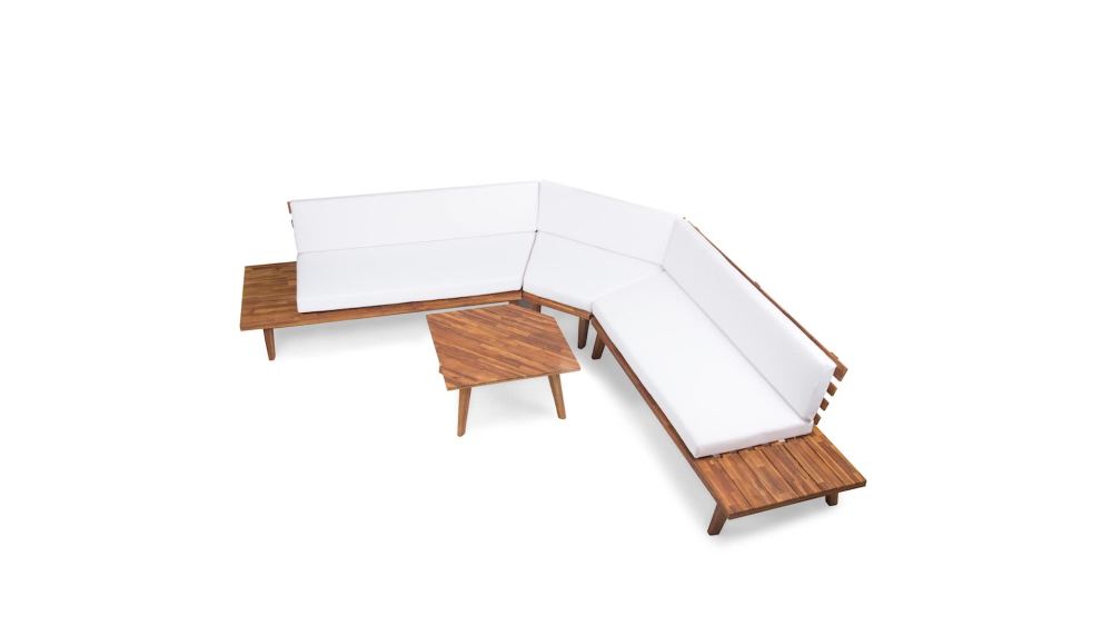 Park Outdoor V Shaped 4 Piece Acacia Wood Sectional Sofa Set with Cushions, Sandblast Finished, White - image 2 of 15