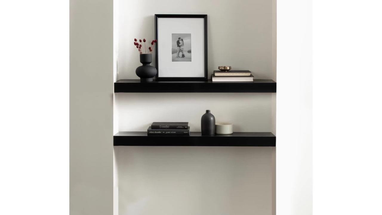 thumbnail video image 2 of Kate and Laurel Havlock Modern Natural Floating Shelf, 36 x 8, Natural Wood, Functional Storage Shelf for Use as Entryway Display or Kitchen Spice Rack Shelf, 2 of 11