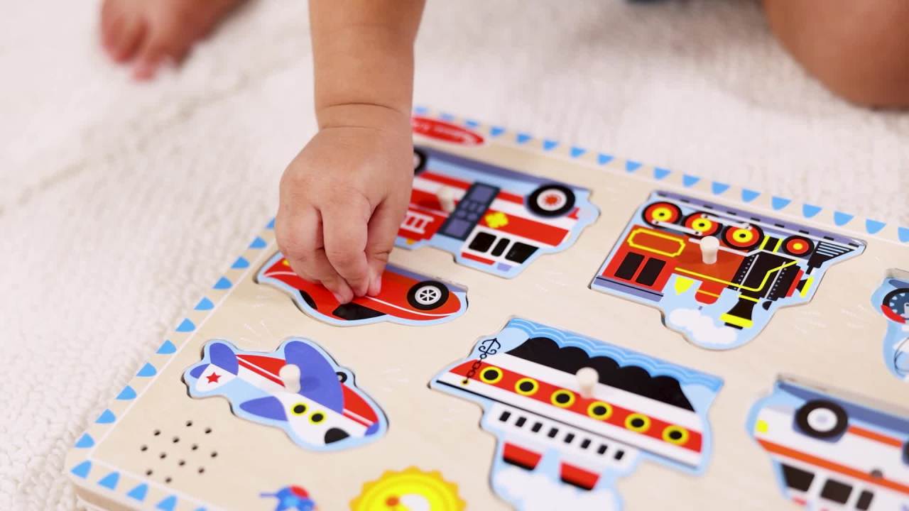 thumbnail video image 2 of Melissa & Doug Vehicles Sound Puzzle - Wooden Peg Puzzle With Sound Effects (8 Pcs), 2 of 10