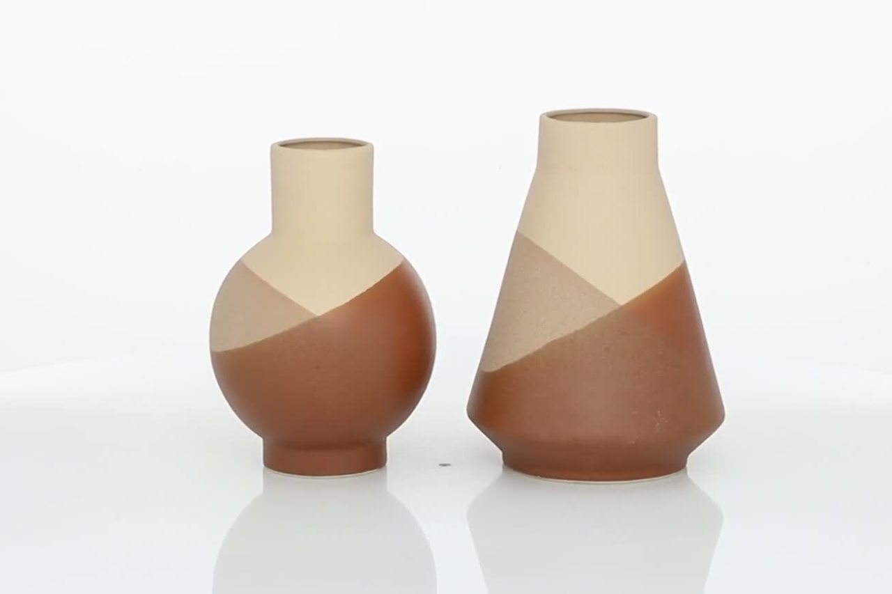 thumbnail video image 2 of DecMode 12", 11"H Geometric Orange Ceramic Vase with Terracotta Accents, Set of 2, 2 of 11