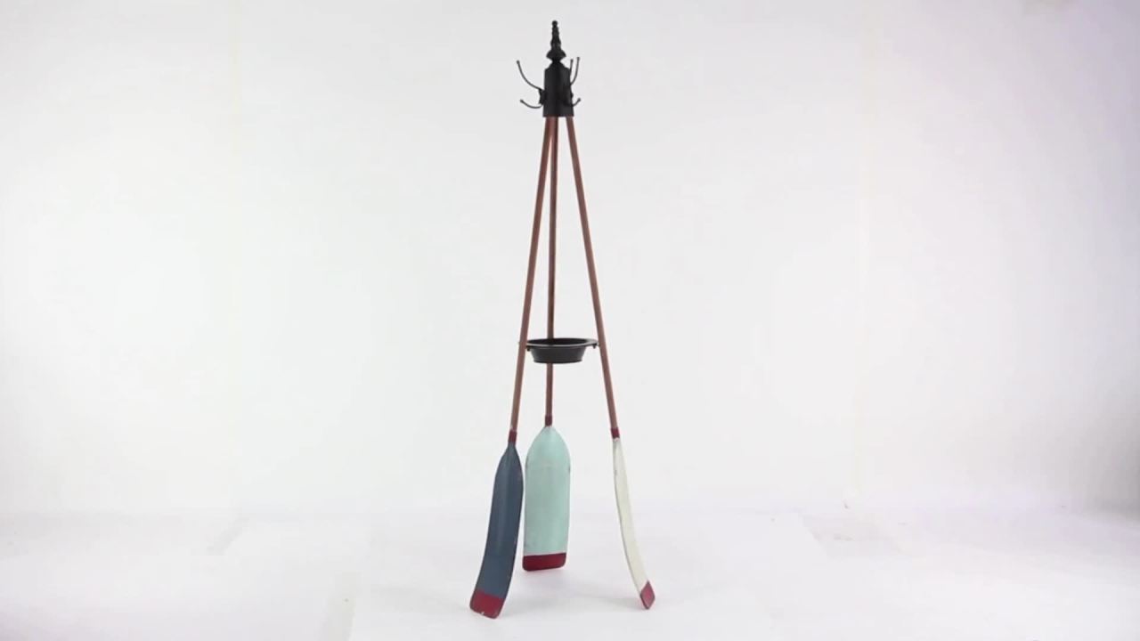 thumbnail video image 2 of DecMode 16" x 69" Blue Metal Paddle Oar 3 Hook Coat Rack with Wooden Poles and Storage Tray, 1-Piece, 2 of 14