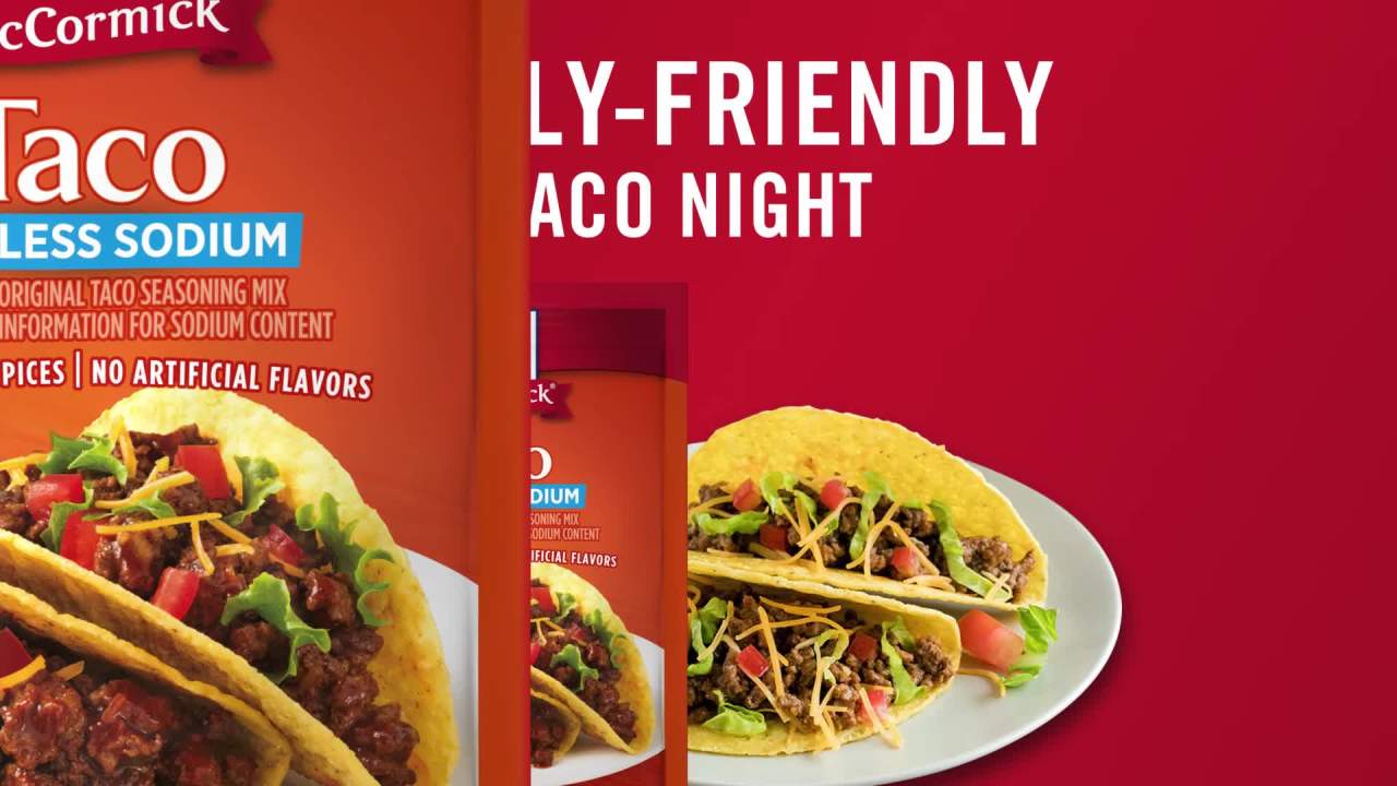 thumbnail video image 2 of McCormick 30% Less Sodium Taco Seasoning Mix, 1.0 oz Packet, 2 of 24
