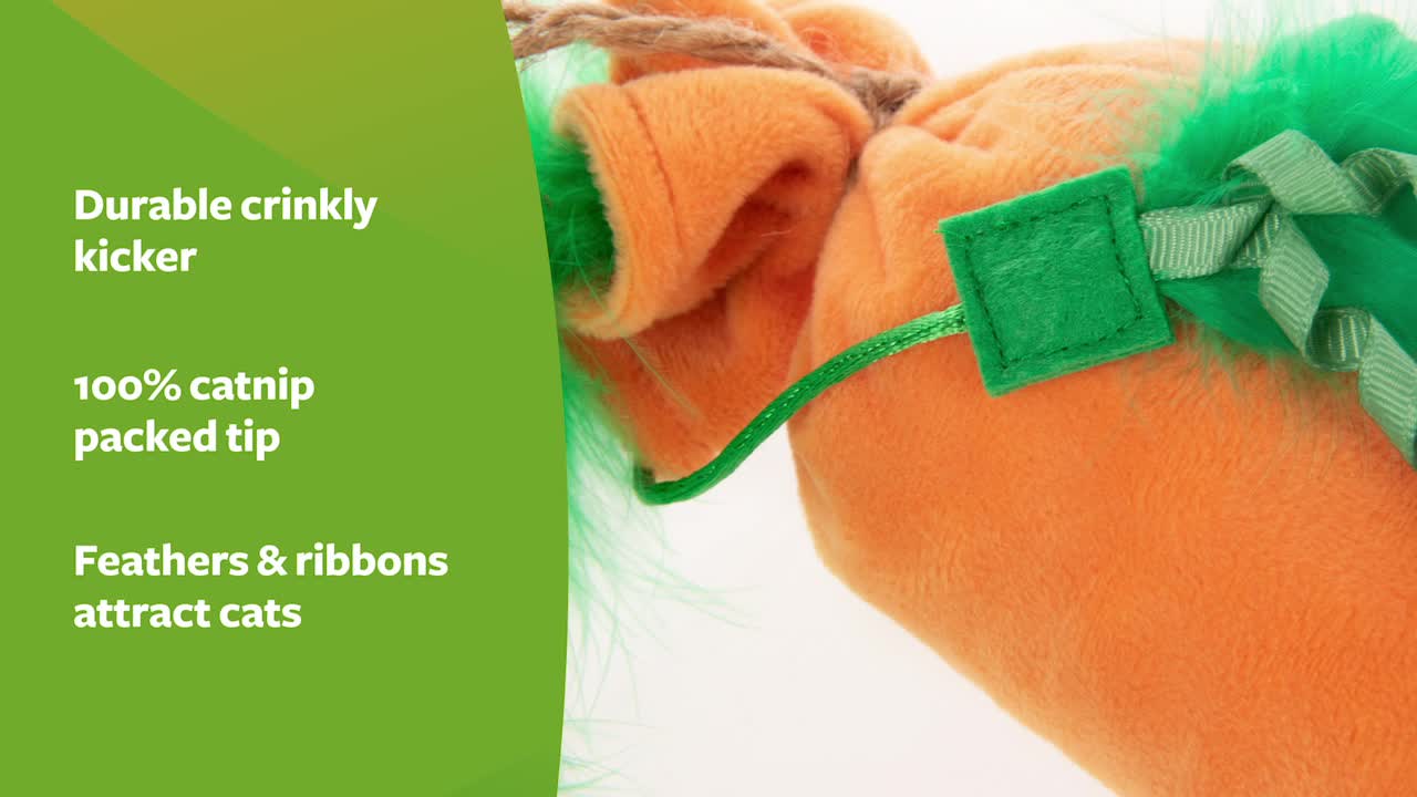thumbnail video image 2 of SmartyKat Kolossal Karrot Kicker Plush Catnip Cat Toy, 2 of 9