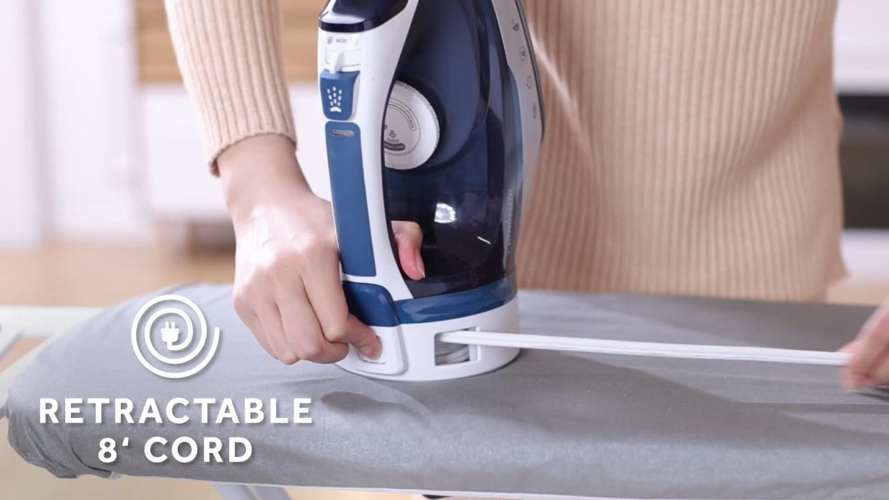 thumbnail video image 3 of Sunbeam 1700W Steam Iron, Retractable Cord, Shot of Steam, Steel Soleplate, Blue-White, 3 of 12