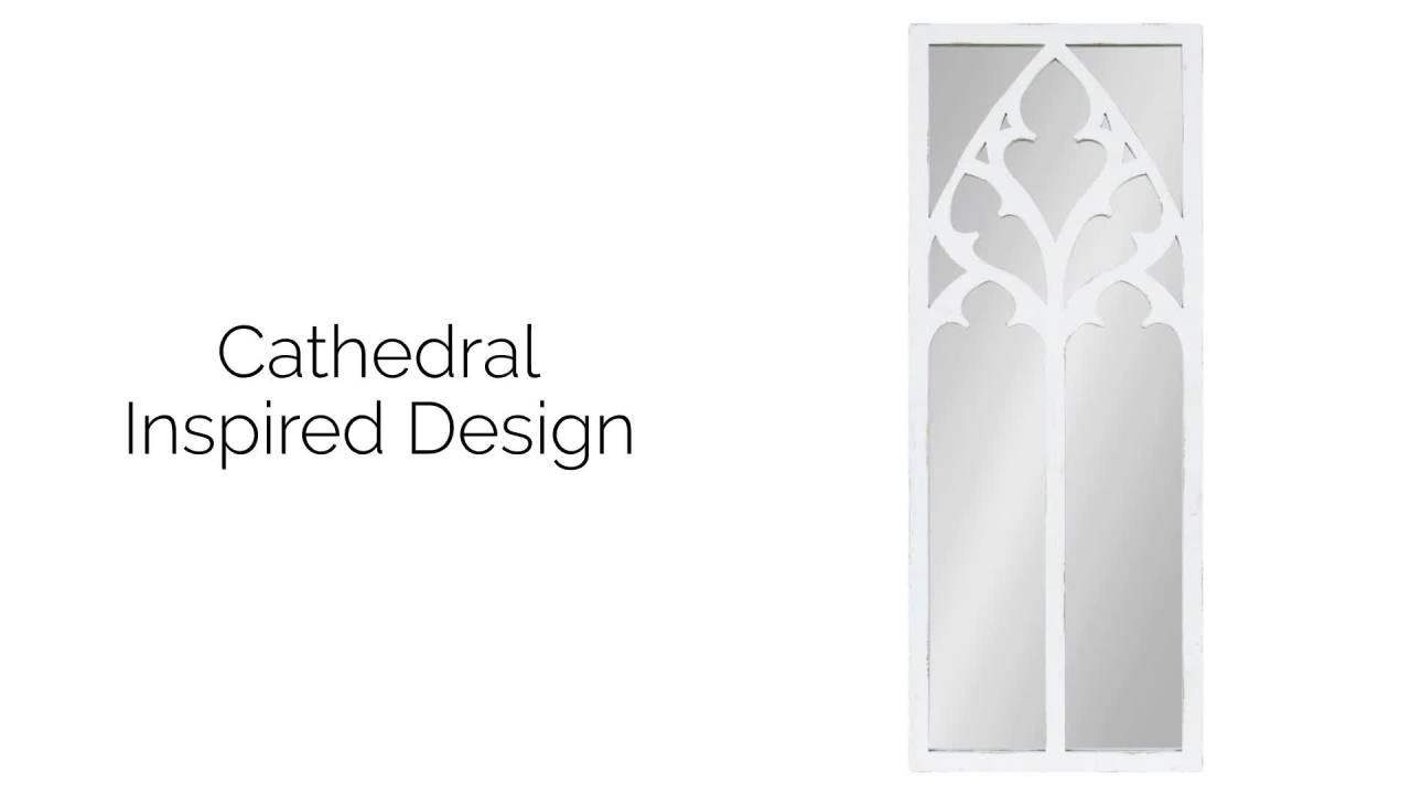 thumbnail video image 2 of Kate and Laurel Dutchess Farmhouse Wood Framed Windowpane Arched Mirror, 14  x 36, White, Decorative Mirror with Window Inspired Fretwork Overlay for Rustic Home Decor, 2 of 8
