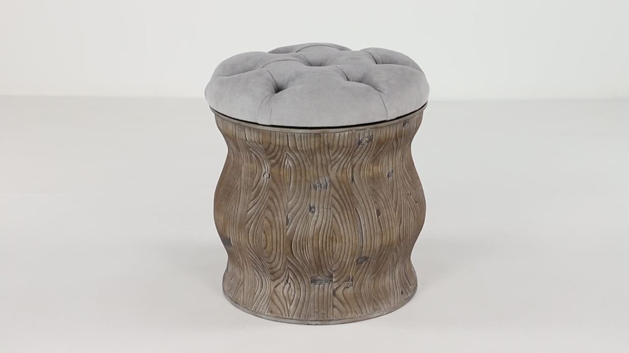 thumbnail video image 2 of DecMode Wood Storage Stool with Tufted Seat, Light Gray, 2 of 11