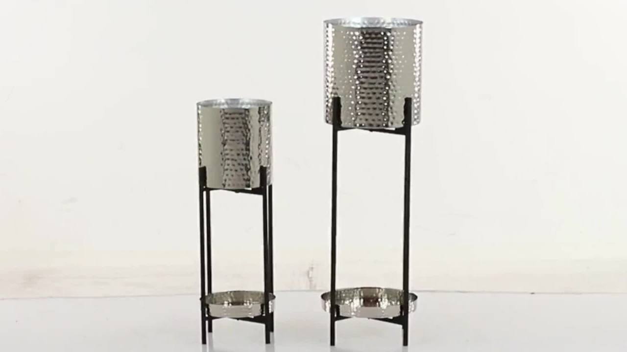 thumbnail video image 2 of DecMode 24", 32"H Indoor Outdoor Silver Metal Planter with Removable Stand (2 Count), 2 of 12