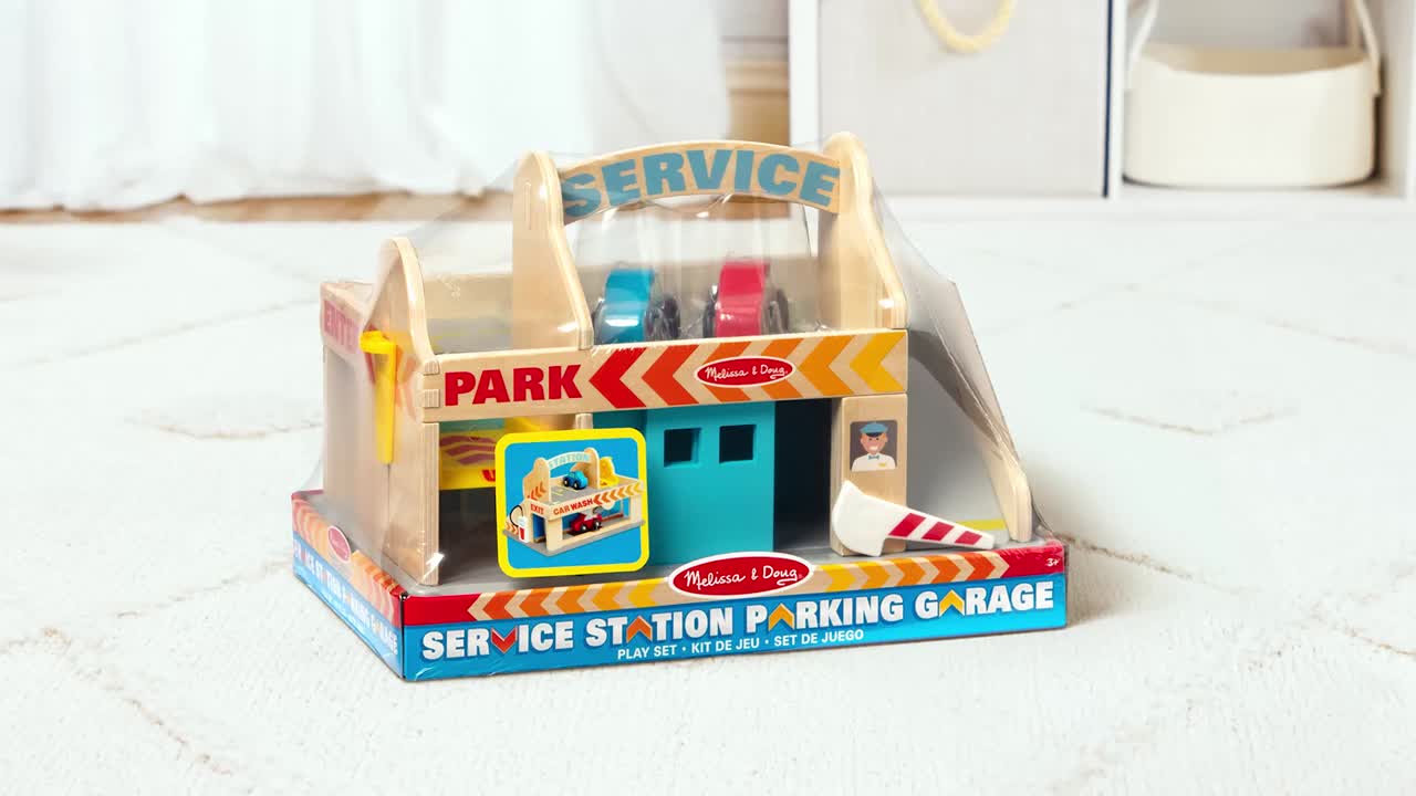 thumbnail video image 2 of Melissa & Doug Service Station Parking Garage With 2 Wooden Cars and Drive-Thru Car Wash, 2 of 10