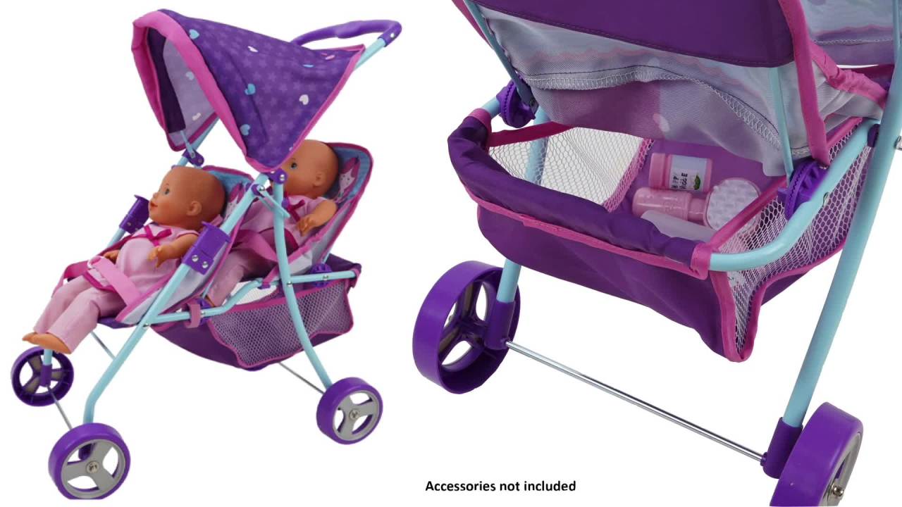 thumbnail video image 2 of 509 Mermaid Twin Doll Stroller- Retractable Canopy, Storage & Travel, 2 Seats, Fits dolls up to 18", Kids 3+, 2 of 7