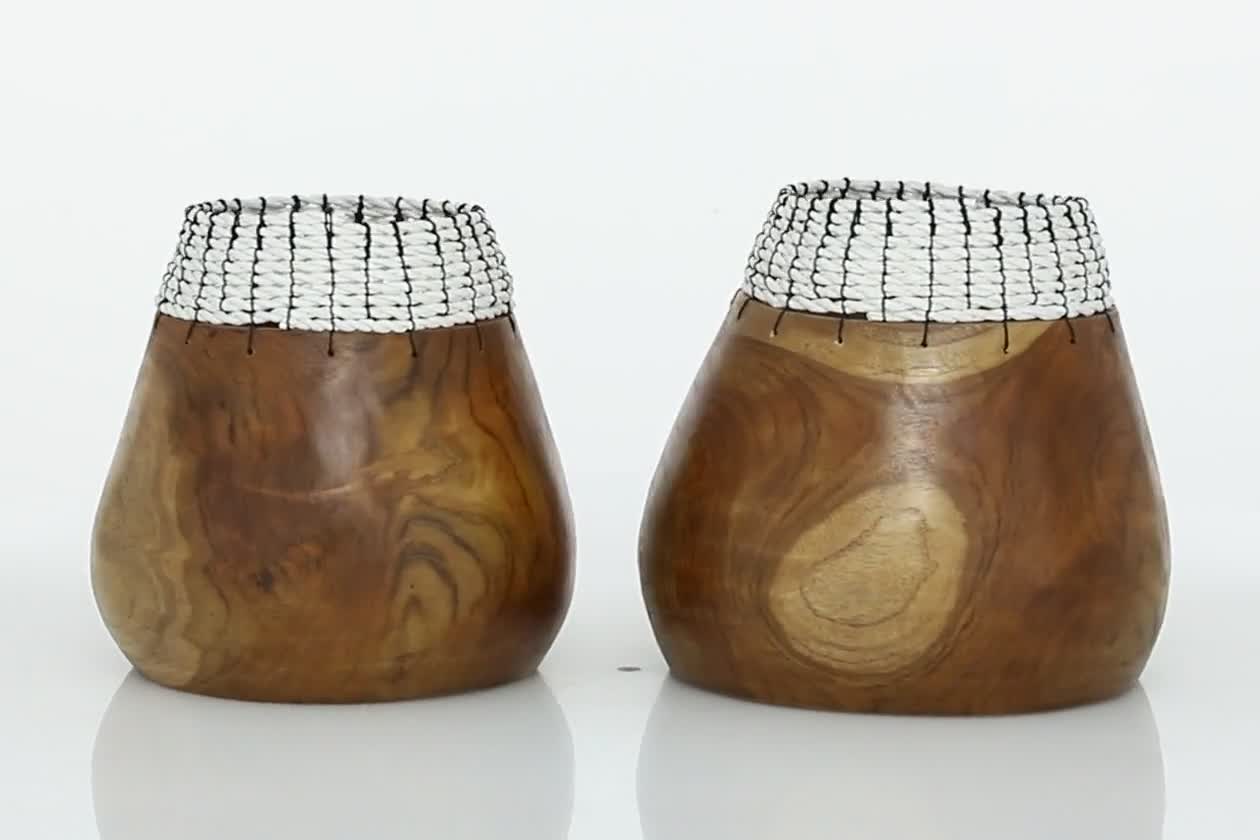 thumbnail video image 2 of DecMode 9", 9"H Handmade Brown Wood Vase with Seagrass Accents, Set of 2, 2 of 9