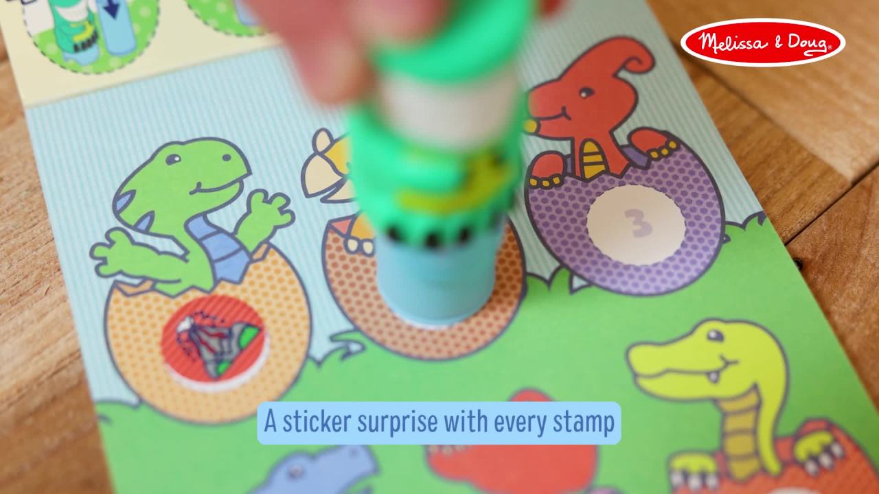 thumbnail video image 2 of Melissa & Doug Sticker WOW!™ 24-Page Activity Pad and Stamper, 300 Stickers, Arts and Crafts Fidget Toy Collectible Character – Dinosaur, 2 of 15