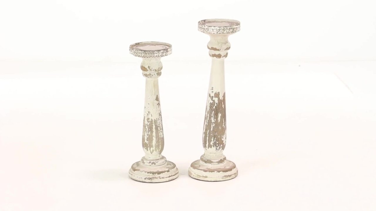 thumbnail video image 2 of DecMode 2 Candle Brown Wood Distressed Pillar Candle Holder, Set of 2, 2 of 17