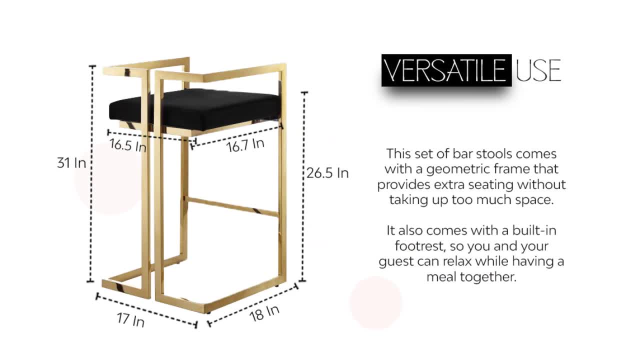 thumbnail video image 2 of Inspired Home Aarna Upholstered Velvet Bar & Counter Stool with Chrome Base, (set of 2), Navy, 2 of 8